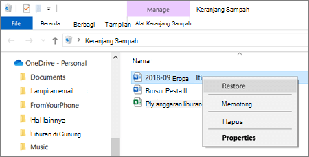 Menu klik kanan untuk memulihkan file yang dihapus dari Keranjang Sampah