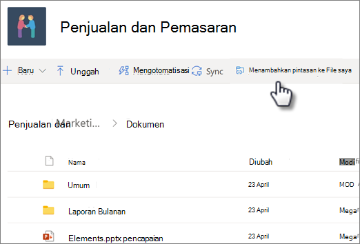 Cuplikan layar menambahkan pintasan ke OneDrive dari pustaka bersama