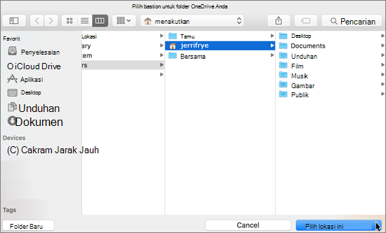 Tangkapan layar dari memilih lokasi folder di panduan Selamat Datang di OneDrive pada Mac