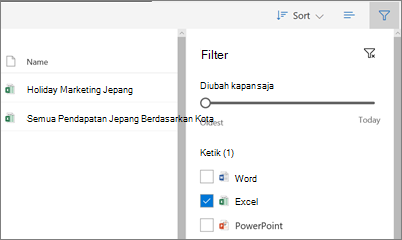 Cuplikan layar dari cara mengubah tampilan Dibagikan dengan saya di OneDrive for Business