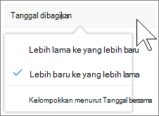 Cuplikan layar kolom soring by di tampilan Dibagikan dengan saya di OneDrive for Business
