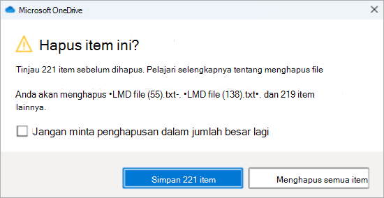 Cuplikan layar perintah konfirmasi OneDrive untuk menghapus banyak file