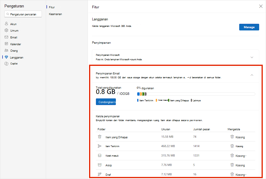 Outlook.com Pengaturan langganan memperlihatkan penggunaan penyimpanan Email yang diperluas dan penyimpanan yang digunakan oleh setiap folder.
