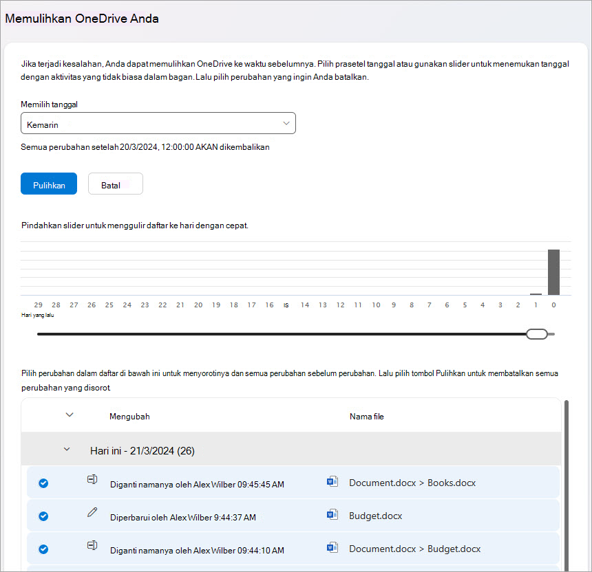 Memulihkan aktivitas file OneDrive Anda.