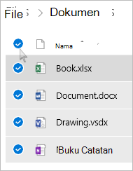 Cuplikan layar memilih semua file dan folder di OneDrive
