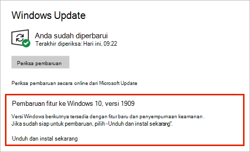 Windows Update menampilkan penempatan pembaruan fitur