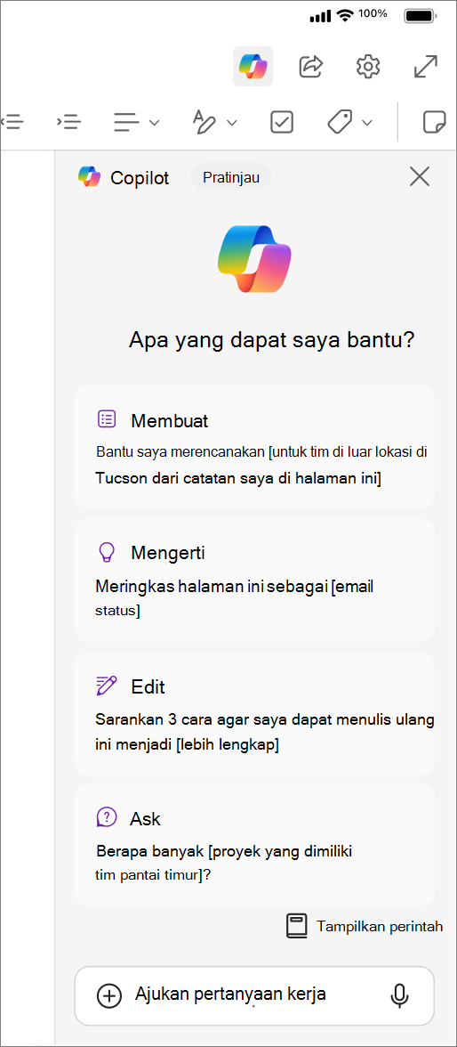 Mengakses tombol Copilot di OneNote untuk iOS