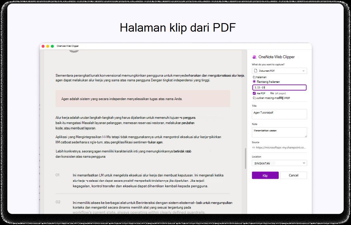 Cuplikan layar halaman PDF dengan panel samping untuk pengaturan. Teks di bagian atas menampilkan halaman klip dari PDF.