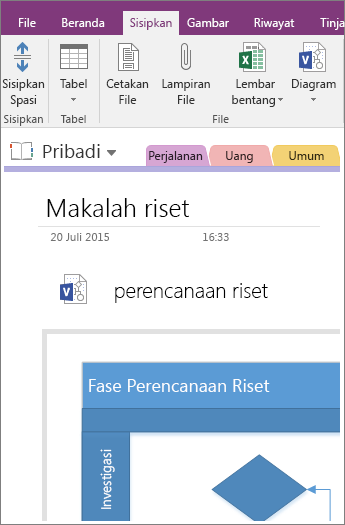 Cuplikan layar cara menambahkan diagram Visio yang sudah ada ke OneNote 2016.