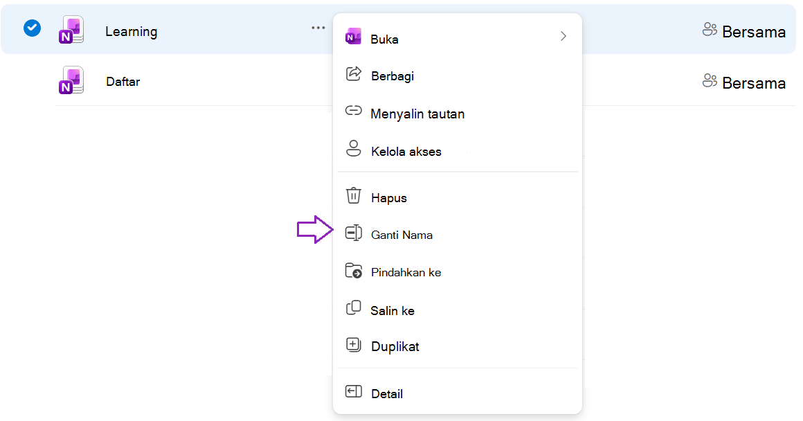 Cuplikan layar memperlihatkan menu konteks di buku catatan termasuk opsi ganti nama.