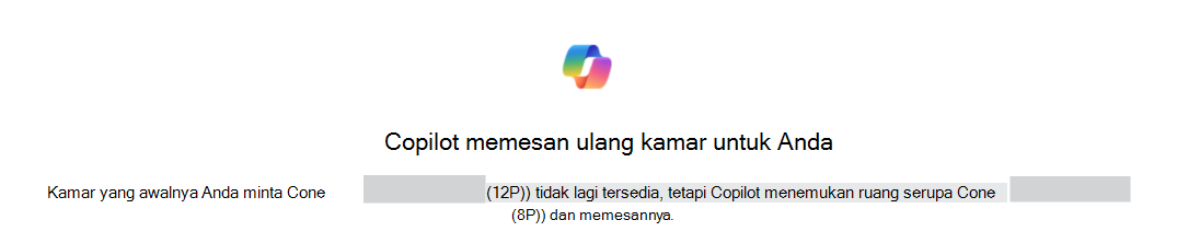 Contoh konfirmasi pemesanan ulang kamar Copilot untuk Anda, yang mengidentifikasi kamar asli dan pengganti.