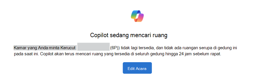 Contoh Copilot mencari pemberitahuan ruang dengan tombol Edit Acara.