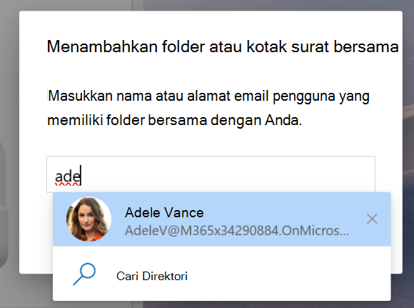 Cuplikan layar tentang Dibagikan dengan saya untuk menambahkan folder atau kotak surat bersama