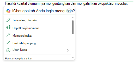 Beberapa teks dalam pesan email dipilih, dan menu Copilot diperluas untuk memperlihatkan opsi apa yang bisa Anda lakukan dengan teks tersebut.