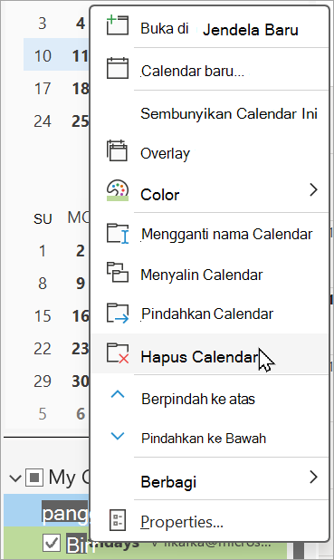 Klik kanan kalender ulang tahun untuk menghapusnya.