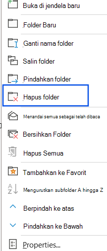 Cuplikan layar opsi Hapus Folder yang dipilih di panel navigasi.