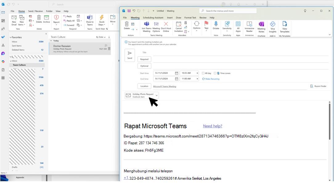 Cuplikan layar memperlihatkan seret dan letakkan email dan lampiran dalam ruang kalender