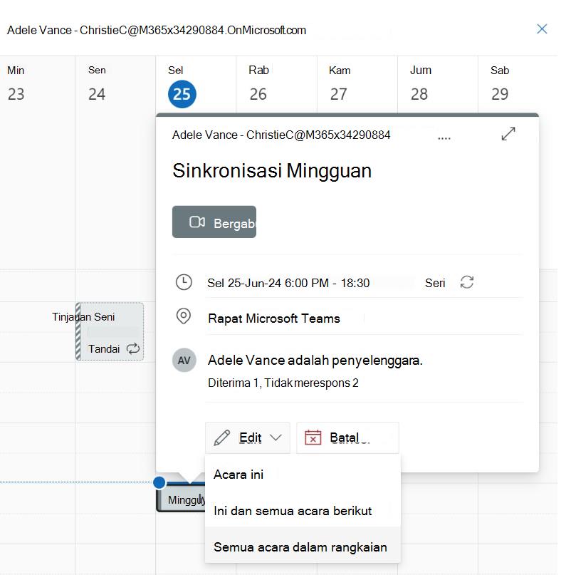 Cuplikan layar memperlihatkan edit acara dalam rangkaian