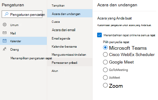 Outlook di web - pilih penyedia rapat online default