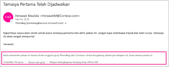 Semua email yang diterima oleh tamu dari anggota grup akan memiliki footer dengan instruksi dan tautan