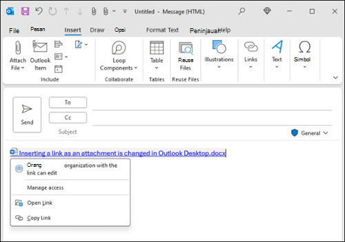 Sisipkan tautan pengalaman baru di Outlook