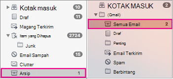 Tampilan daftar folder Exchange dan Gmail yang diletakkan secara berdampingan dengan folder arsip disorot
