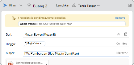 Cuplikan layar memperlihatkan contoh tampilan tips email.