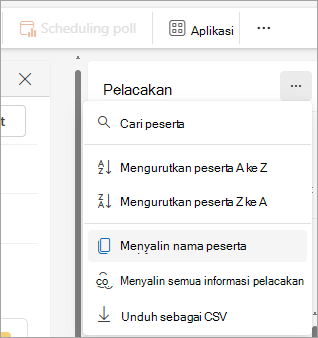 Cuplikan layar panel Pelacakan di Outlook baru memperlihatkan opsi turun bawah untuk menyalin daftar peserta
