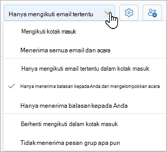 Daftar menurun akan menampilkan opsi ikuti Anda: ikuti di kotak masuk, ikuti email tertentu di kotak masuk saja, atau berhenti mengikuti di kotak masuk.