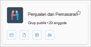 Kartu grup menampilkan nama grup, jumlah anggota, dan memiliki ikon untuk email, file, kalender, dan anggota.
