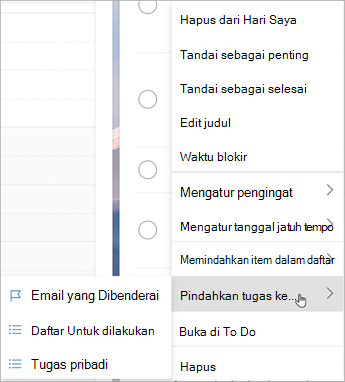 Tekan dan tahan (atau klik kanan) untuk mengakses menu konteks. Pilih Pindahkan tugas ke ... lalu pilih daftar yang ingin Anda pindahkan tugasnya.