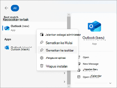 Cuplikan layar yang menampilkan Outlook di Mulai dengan Sematkan ke taskbar
