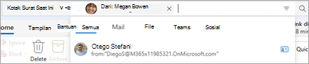 Masukkan teks ke bilah pencarian untuk mengungkapkan saran lingkup pencarian, seperti Semua, Email, Files, Teams, dan People.