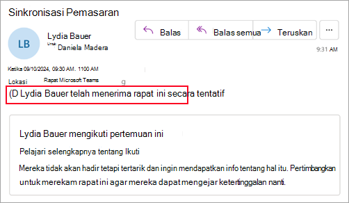 Cuplikan layar untuk penyelenggara yang tidak menggunakan Outlook baru yang memperlihatkan peserta telah menerima rapat secara tentatif