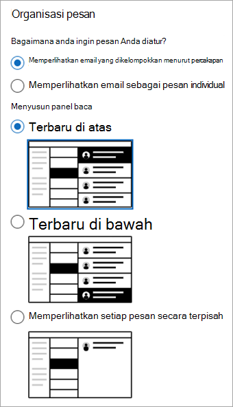 Cuplikan layar bagian Pengaturan > Tata Letak Email> memperlihatkan bagian Organisasi pesan