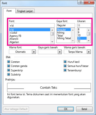 Font, ukuran font, dan opsi ukuran dalam kotak dialog Font.