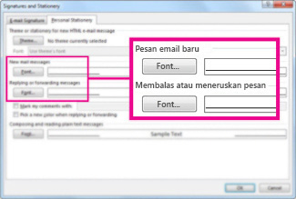 Perintah font dalam kotak dialog Tanda Tangan dan Alat Tulis