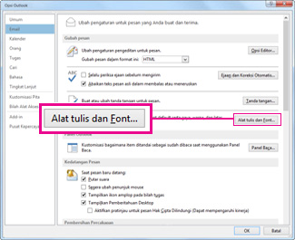 Perintah Alat Tulis dan Font di dalam kotak dialog Opsi Outlook