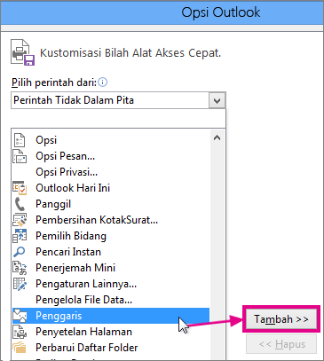 Pilih ikon Penggaris untuk ditambahkan ke Toolbar Akses Cepat