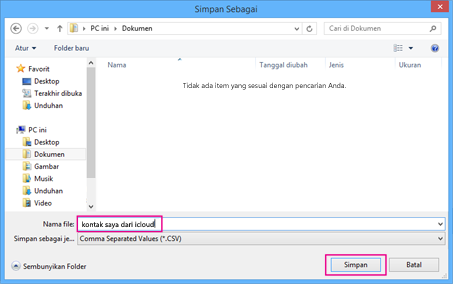 Ketikkan nama untuk file csv Anda lalu pilih Simpan.