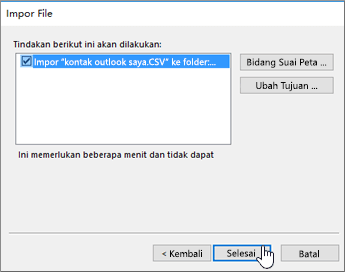 Ketika Anda mengimpor kontak Gmail ke kotak surat Office 365 Anda, klik tombol Selesai untuk memulai migrasi