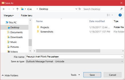 Anda bisa menyimpan pesan email yang sudah ada sebagai file.