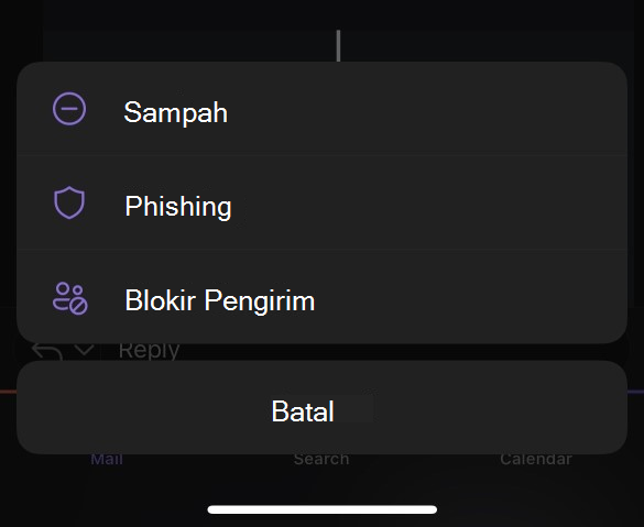 Submenu Email Sampah untuk Outlook Mobile