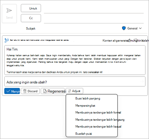 Memperlihatkan halaman email Outlook Klasik, dengan draf Copilot, dan opsi Sesuaikan ditampilkan.