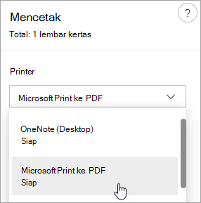 Cuplikan layar memperlihatkan pilihan Microsoft Print ke PDF