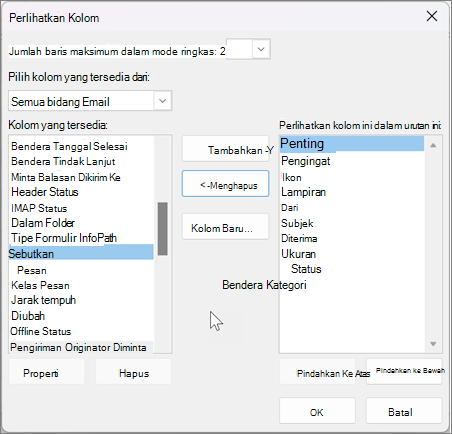 Menampilkan pengaturan untuk kolom di Outlook