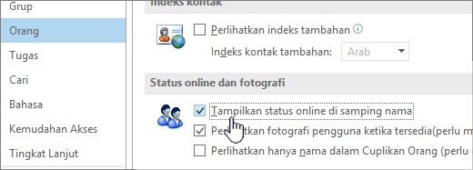 tab People dalam dialog Opsi dengan Tampilkan status online disorot