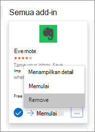 Cuplikan layar memperlihatkan contoh ubin add-in dengan opsi Hapus dipilih.