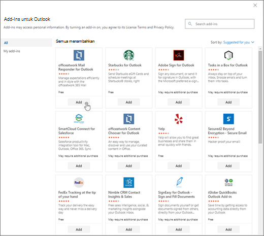 Cuplikan layar memperlihatkan halaman Add-in untuk Outlook.