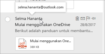 Cuplikan layar kursor mengarahkan mouse ke atas nama pengirim